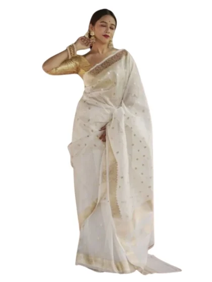 Women's Cotton Printed Saree With Unstitched Blouse 5.5Mtr (White)
