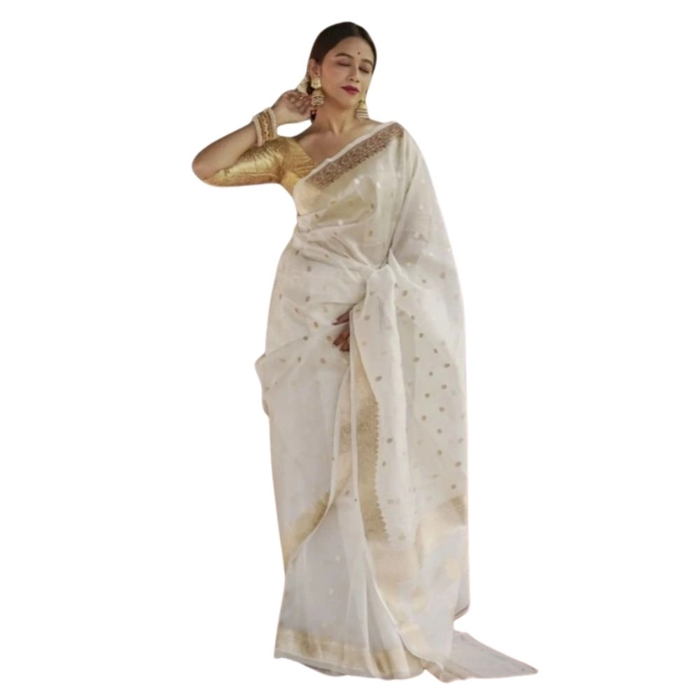 Women's Cotton Printed Saree With Unstitched Blouse 5.5Mtr (White)