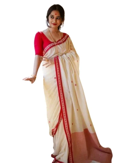 Women's Cotton Printed Saree With Unstitched Blouse 5.5Mtr (White)