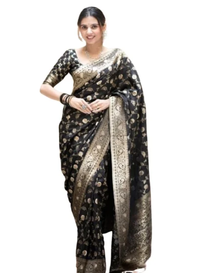 Women's Silk Printed Saree With Unstitched Blouse 5.5Mtr (Black)