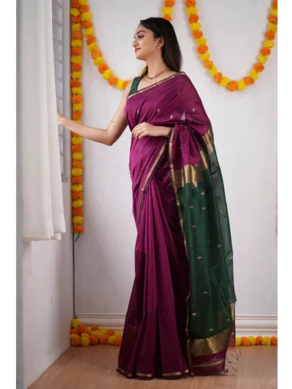 Women's Cotton Printed Saree With Unstitched Blouse 5.5Mtr (Wine)