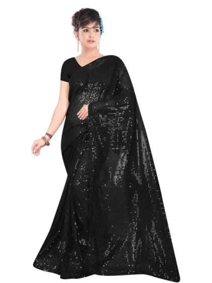 Women's Georgette Embellished Sequnece Bollywood Saree With Unstitched Blouse 5.5Mtr (Black)