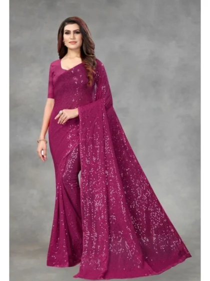 Women's Georgette Embellished Sequnece Bollywood Saree With Unstitched Blouse 5.5Mtr (Purple)