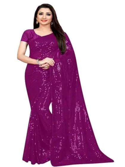 Women's Georgette Embellished Sequnece Bollywood Saree With Unstitched Blouse 5.5Mtr (Purple)