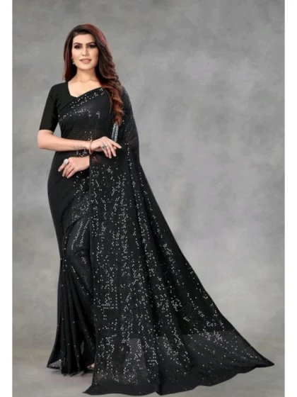 Women's Georgette Embellished Sequnece Bollywood Saree With Unstitched Blouse 5.5Mtr (Black)