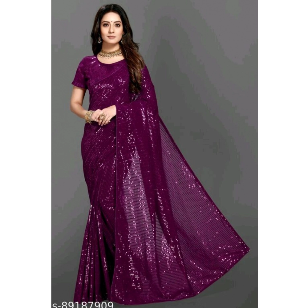 Women's Georgette Embellished Sequnece Bollywood Saree With Unstitched Blouse 5.5Mtr (Purple)