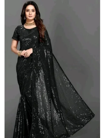 Women's Georgette Embellished Sequnece Bollywood Saree With Unstitched Blouse 5.5Mtr (Black)