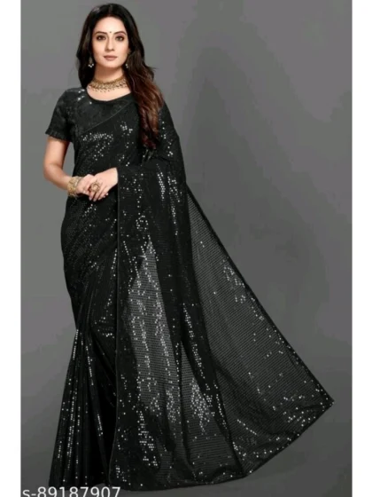 Women's Georgette Embellished Sequnece Bollywood Saree With Unstitched Blouse 5.5Mtr (Black)