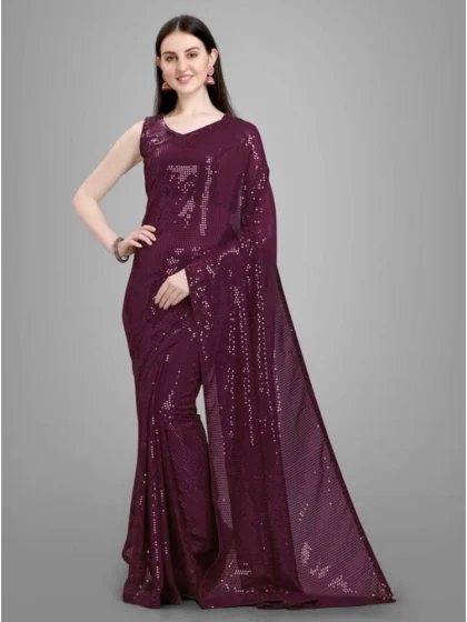 Women's Georgette Embellished Sequnece Bollywood Saree With Unstitched Blouse 5.5Mtr (Purple)
