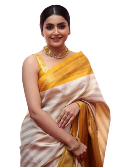 Women's Silk Printed Saree With Unstitched Blouse 5.5Mtr (Off White-Yellow)
