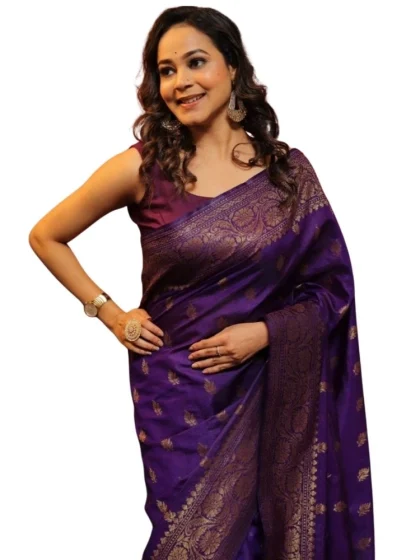 Women's Silk Printed Saree With Unstitched Blouse 5.5Mtr (Purple)