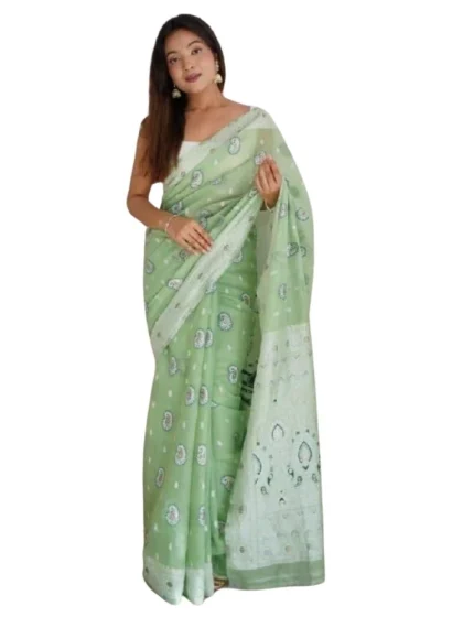 Women's Cotton Printed Saree With Unstitched Blouse 5.5Mtr (Pista)