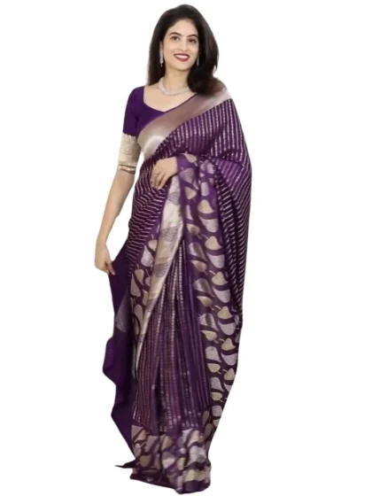Women's Silk Printed Saree With Unstitched Blouse 5.5Mtr (Purple)