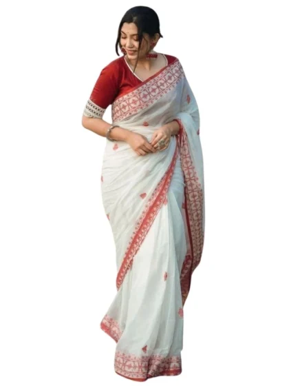 Women's Cotton Printed Saree With Unstitched Blouse 5.5Mtr (White-Red)