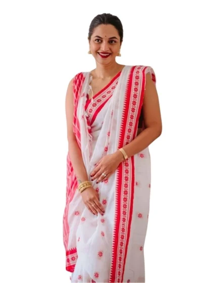 Women's Cotton Printed Saree With Unstitched Blouse 5.5Mtr (White-Pink)