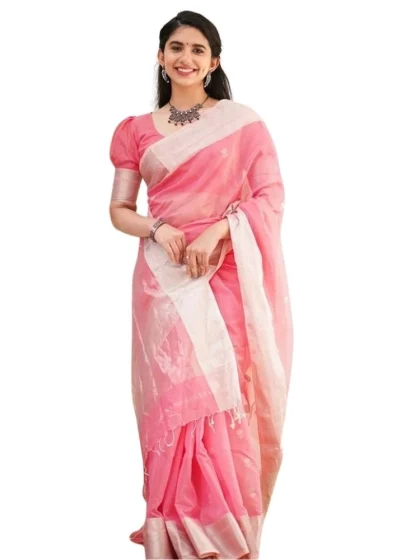 Women's Cotton Printed Saree With Unstitched Blouse 5.5Mtr (Pink)