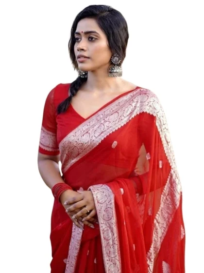 Women's Cotton Printed Saree With Unstitched Blouse 5.5Mtr (Red)
