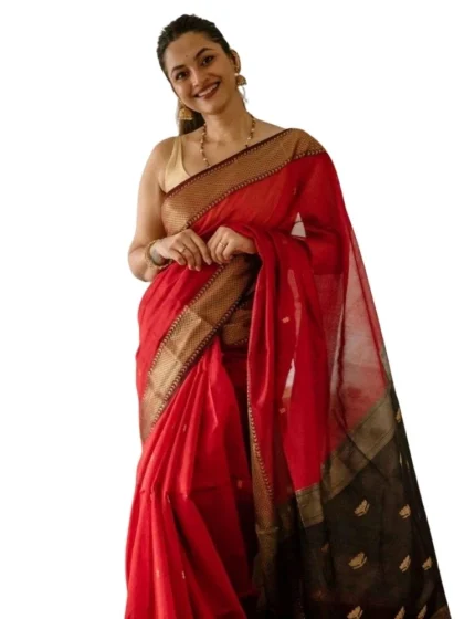 Women's Cotton Printed Saree With Unstitched Blouse 5.5Mtr (Red)