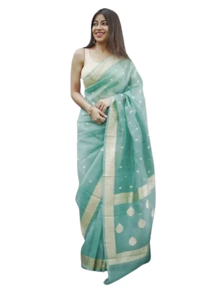 Women's Cotton Printed Saree With Unstitched Blouse 5.5Mtr (Sky)