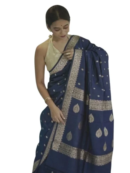 Women's Cotton Printed Saree With Unstitched Blouse 5.5Mtr (Navy Blue)