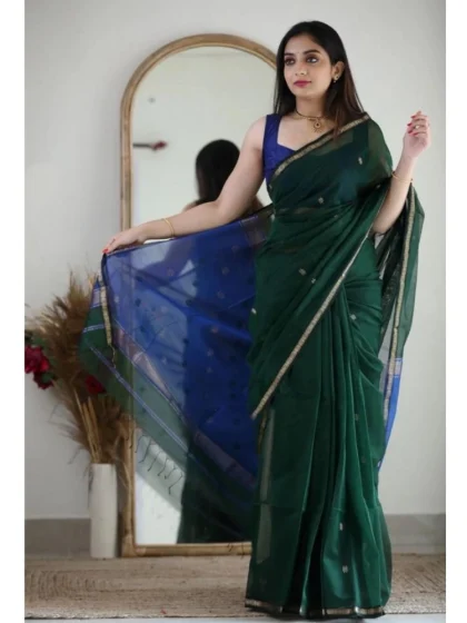 Women's Cotton Printed Saree With Unstitched Blouse 5.5Mtr (Green)