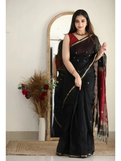 Women's Cotton Printed Saree With Unstitched Blouse 5.5Mtr (Black)