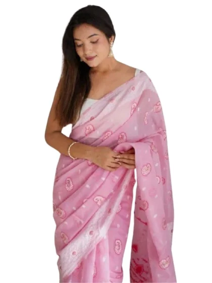 Women's Cotton Printed Saree With Unstitched Blouse 5.5Mtr (Pink)