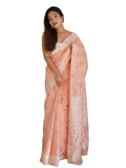Women's Cotton Printed Saree With Unstitched Blouse 5.5Mtr (Peach)