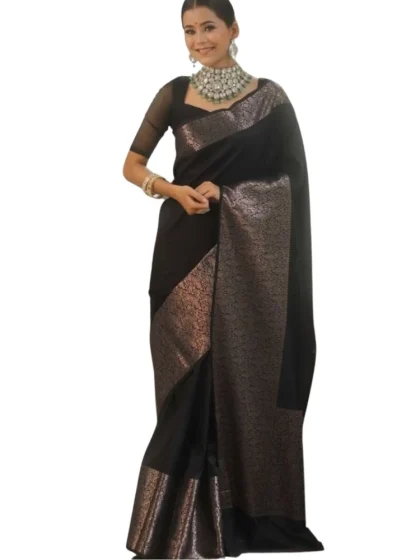 Women's Silk Printed Saree With Unstitched Blouse 5.5Mtr (Black)