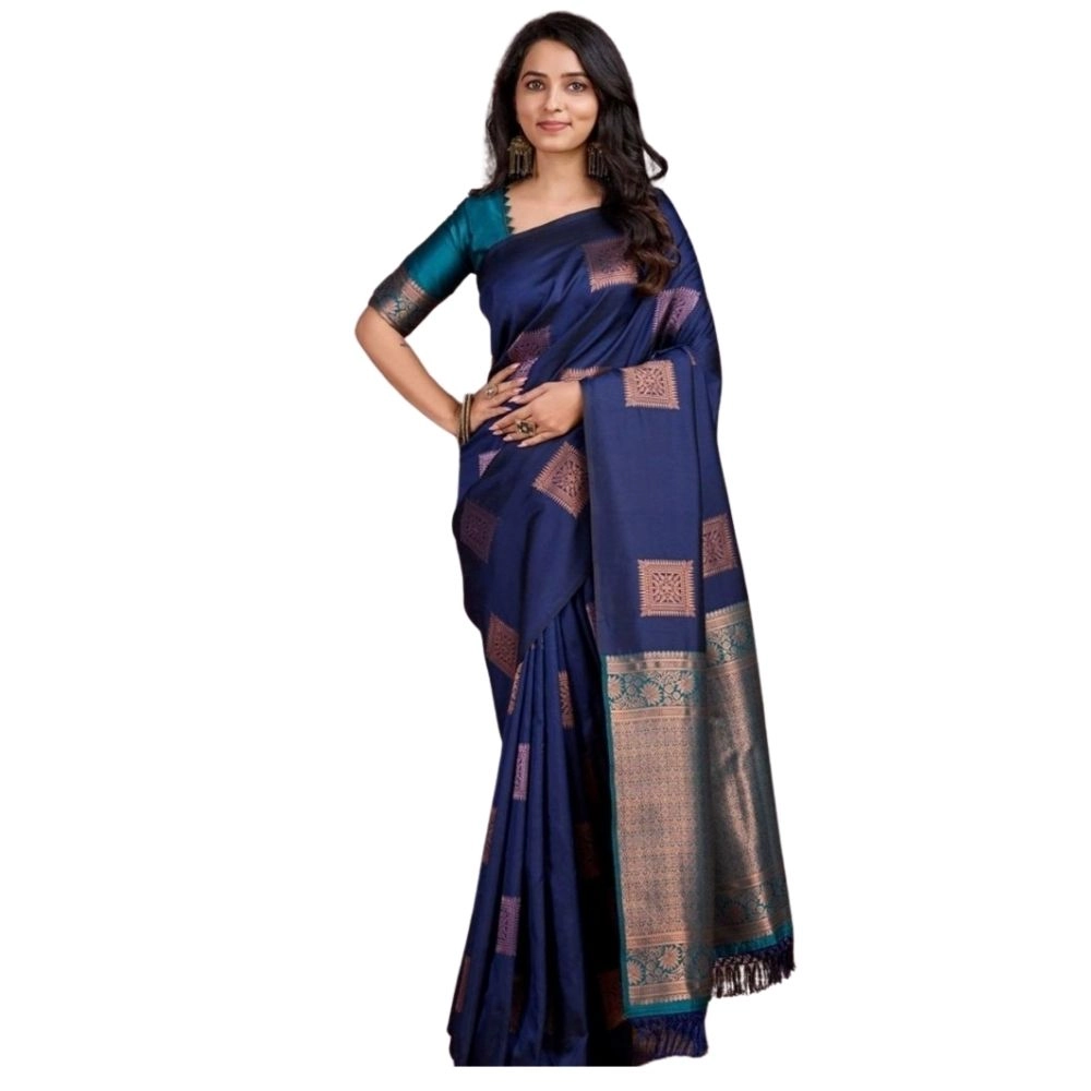 Women's Silk Printed Saree With Unstitched Blouse 5.5Mtr (Navy Blue)