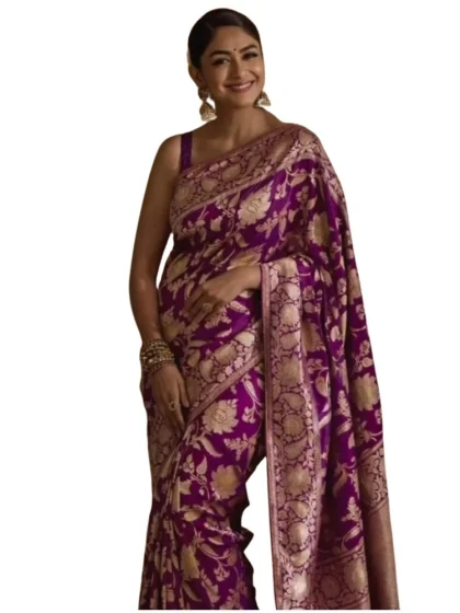 Women's Silk Printed Saree With Unstitched Blouse 5.5Mtr (Purple)