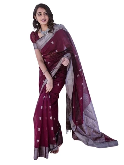 Women's Cotton Printed Saree With Unstitched Blouse 5.5Mtr (Maroon)