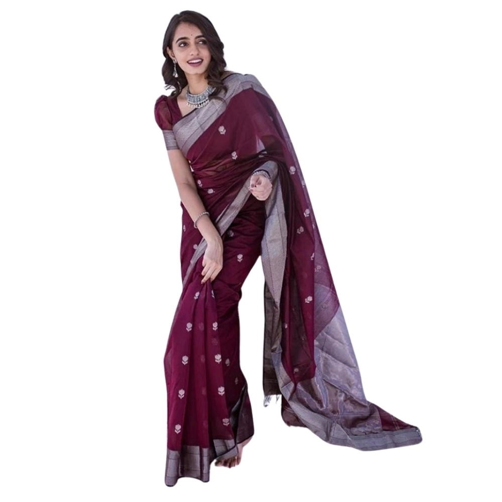 Women's Cotton Printed Saree With Unstitched Blouse 5.5Mtr (Maroon)