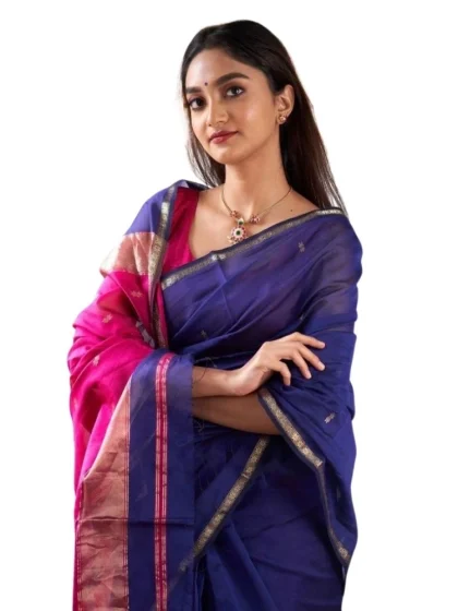 Women's Cotton Printed Saree With Unstitched Blouse 5.5Mtr (Blue)