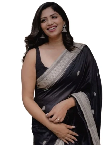 Women's Silk Printed Saree With Unstitched Blouse 5.5Mtr (Black)