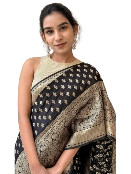 Women's Silk Printed Saree With Unstitched Blouse 5.5Mtr (Black)
