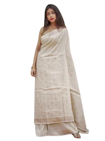 Women's Cotton Printed Saree With Unstitched Blouse 5.5Mtr (Cream)