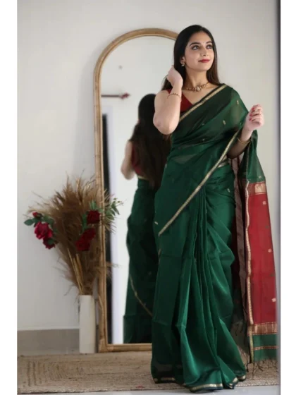 Women's Cotton Printed Saree With Unstitched Blouse 5.5Mtr (Dark Green)