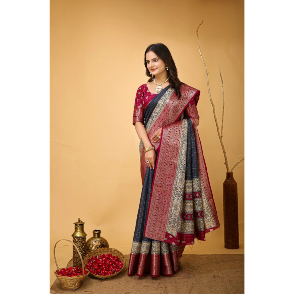 Women's Soft Dola Cotton Kalamkari Printed Saree With Unstitched Blouse 5.5Mtr (Grey) - Image 4