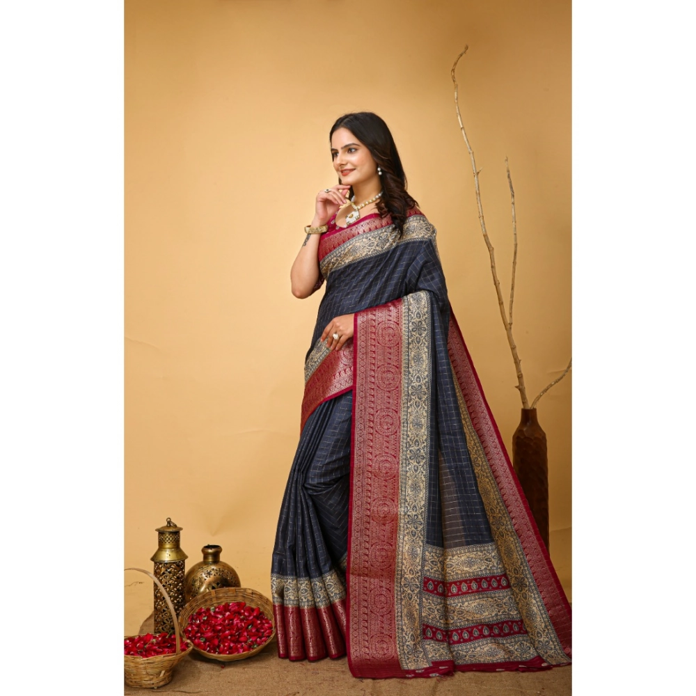 Women's Soft Dola Cotton Kalamkari Printed Saree With Unstitched Blouse 5.5Mtr (Grey) - Image 2