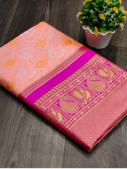 Women's Soft Lichi Silk Printed Saree With Unstitched Blouse 5.5Mtr (Pink)