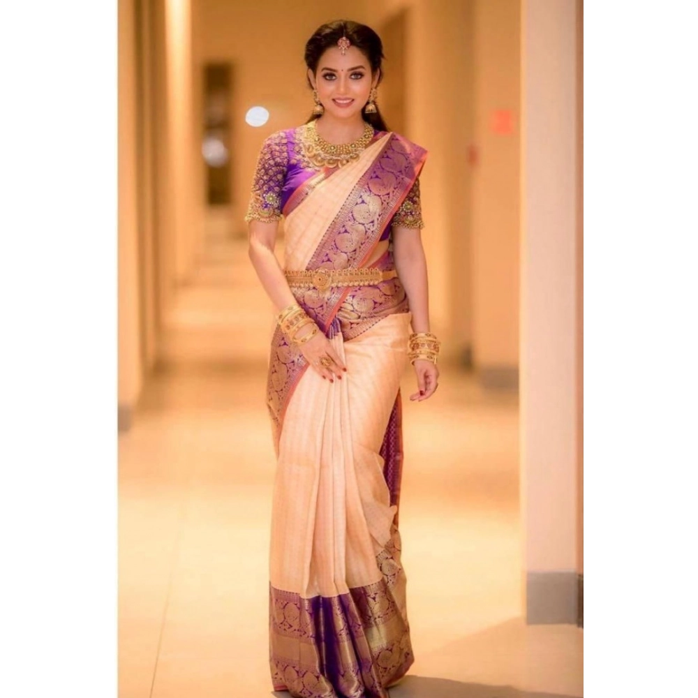 Women's Soft Lichi Silk Printed Saree With Unstitched Blouse 5.5Mtr (Purple) - Image 2