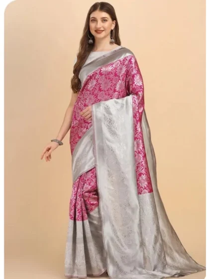 Women's Soft Lichi Silk Printed Saree With Unstitched Blouse 5.5Mtr (Pink)