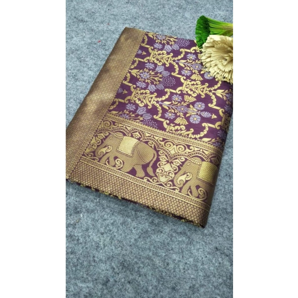 Women's Soft Lichi Silk Printed Saree With Unstitched Blouse 5.5Mtr (Purple)