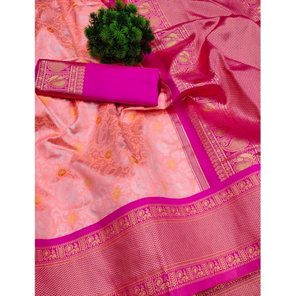 Women's Soft Lichi Silk Printed Saree With Unstitched Blouse 5.5Mtr (Pink) - Image 2
