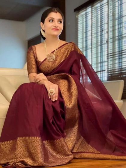 Women's Soft Lichi Silk Solid Saree With Unstitched Blouse 5.5Mtr (Maroon)