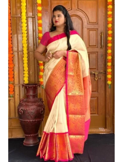 Women's Soft Lichi Silk Printed Saree With Unstitched Blouse 5.5Mtr (Cream)