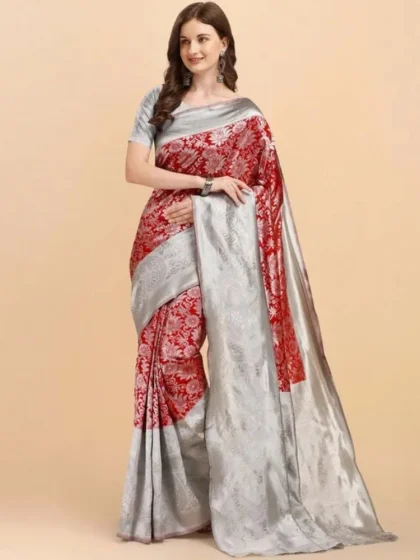 Women's Soft Lichi Silk Printed Saree With Unstitched Blouse 5.5Mtr (Red)