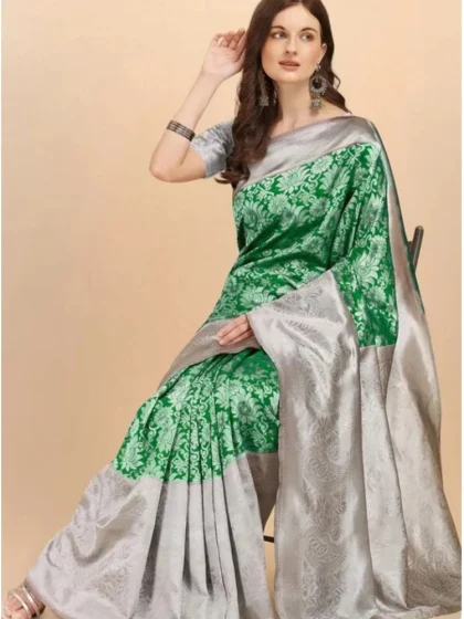 Women's Soft Lichi Silk Printed Saree With Unstitched Blouse 5.5Mtr (Green)