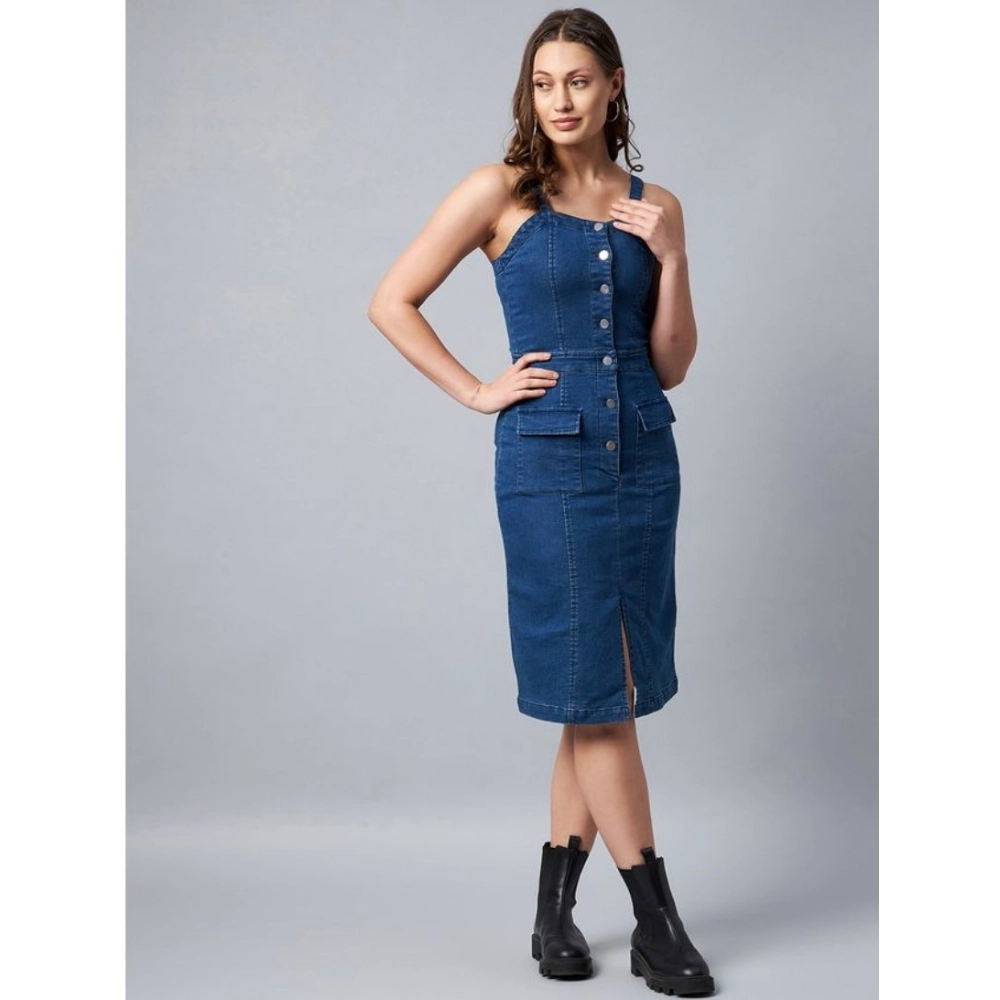 Women's Denim Lycra Solid Square Neck Shoulder Straps Dress (Blue) - Image 3